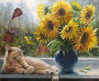 Без бренда «Подсолнухи в синей вазе возле кота» в Курске в интернет-магазине  Без бренда «Подсолнухи в синей вазе возле кота» в Курске