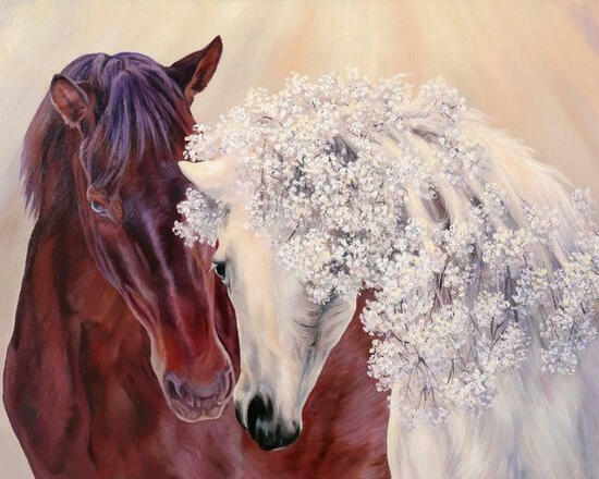 Алмазная мозаика 40x50 Конь и лошадь с цветами в гриве