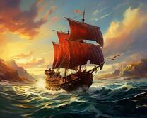 Парусный корабль в море среди гор