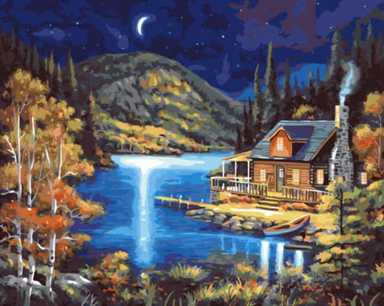 Картина по номерам 40x50 Молодой месяц над домом, горами и озером