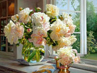 Без бренда «Ваза с букетом белых пионов у окна» в Курске
