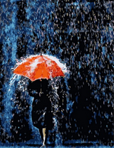 Девушка спряталась под зонт от проливного дождя