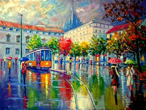 Поездка на трамвае в дождливом городе